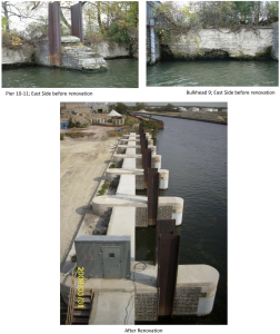 Close-up view of the east side column repairs at Lockport Controlling Works, highlighting the detailed masonry restoration and craftsmanship involved.