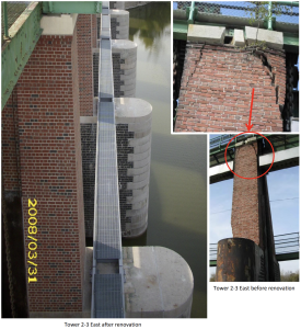 Close-up view of the east side column repairs at Lockport Controlling Works, highlighting the detailed masonry restoration and craftsmanship involved.